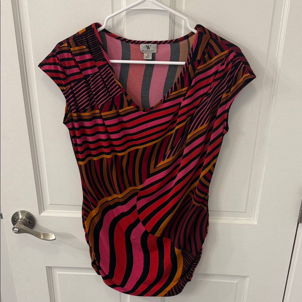 Worthington Women's V-Neck Top - Pink, Orange, and Black Stripes